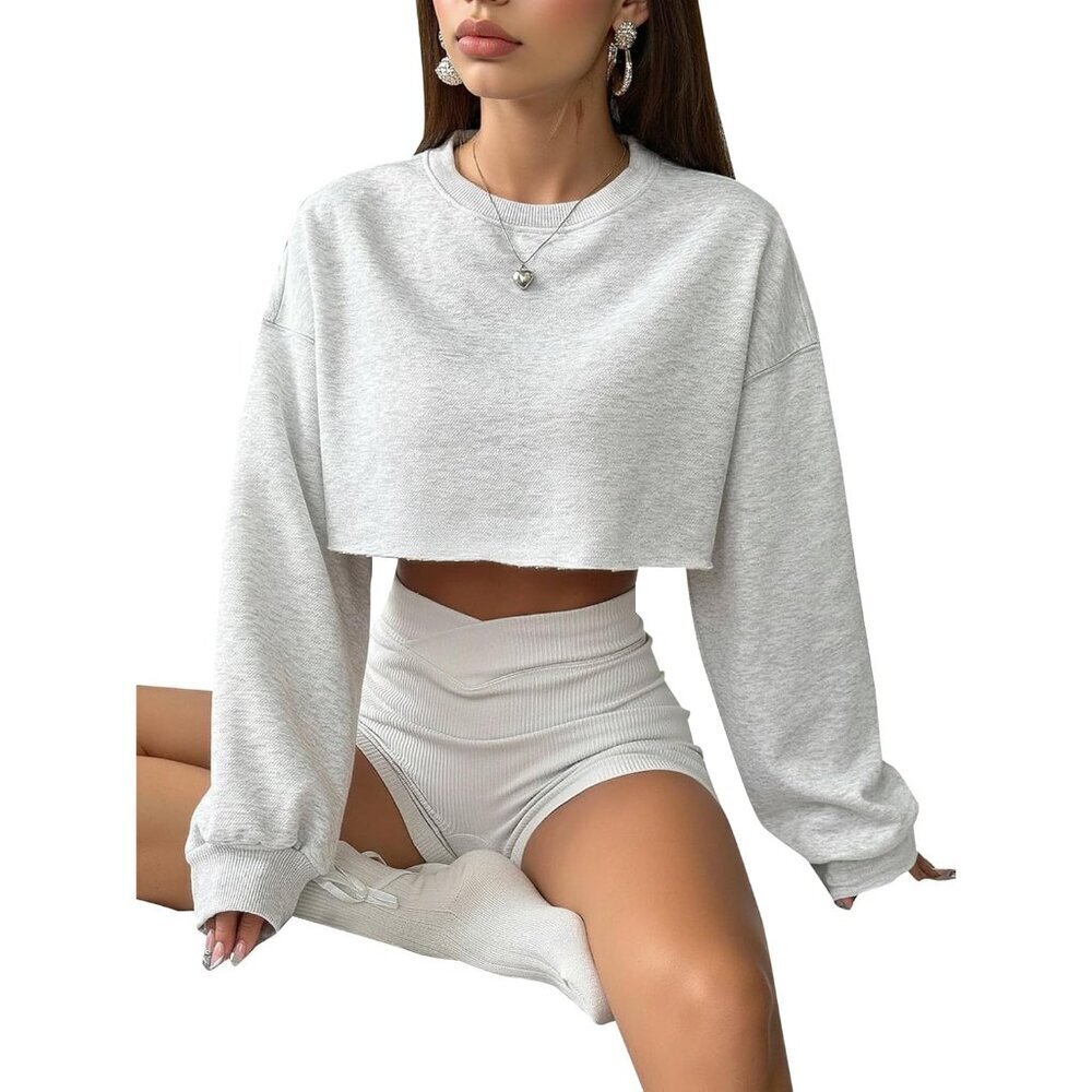 Women's Cropped Sweatshirt Fleece Small Grey Crewneck Drop Shoulder Pullover - Picture 6 of 6